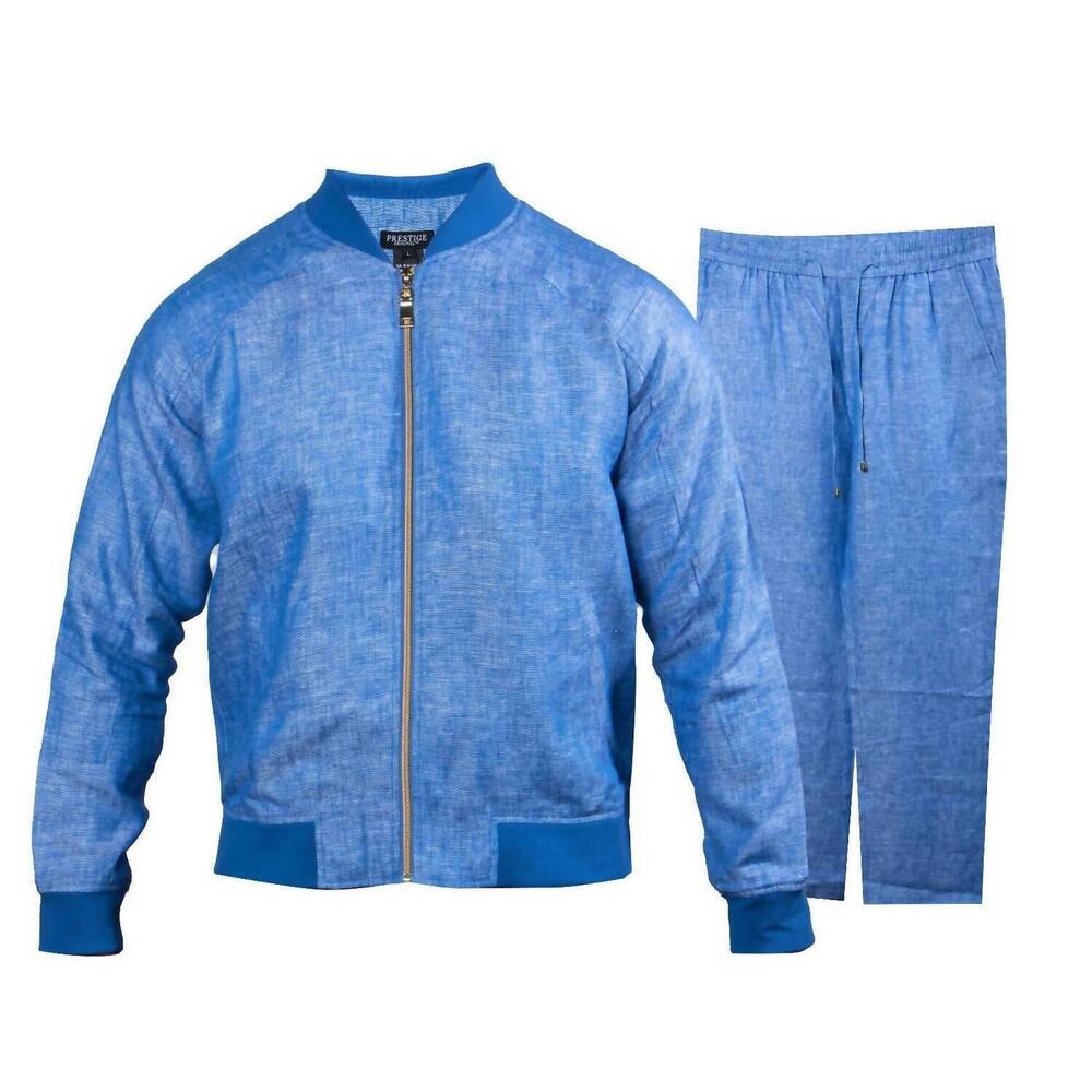 NEW PRESTIGE ORIGINAL men's linen walking suit 2 piece jacket & pants set in blu
